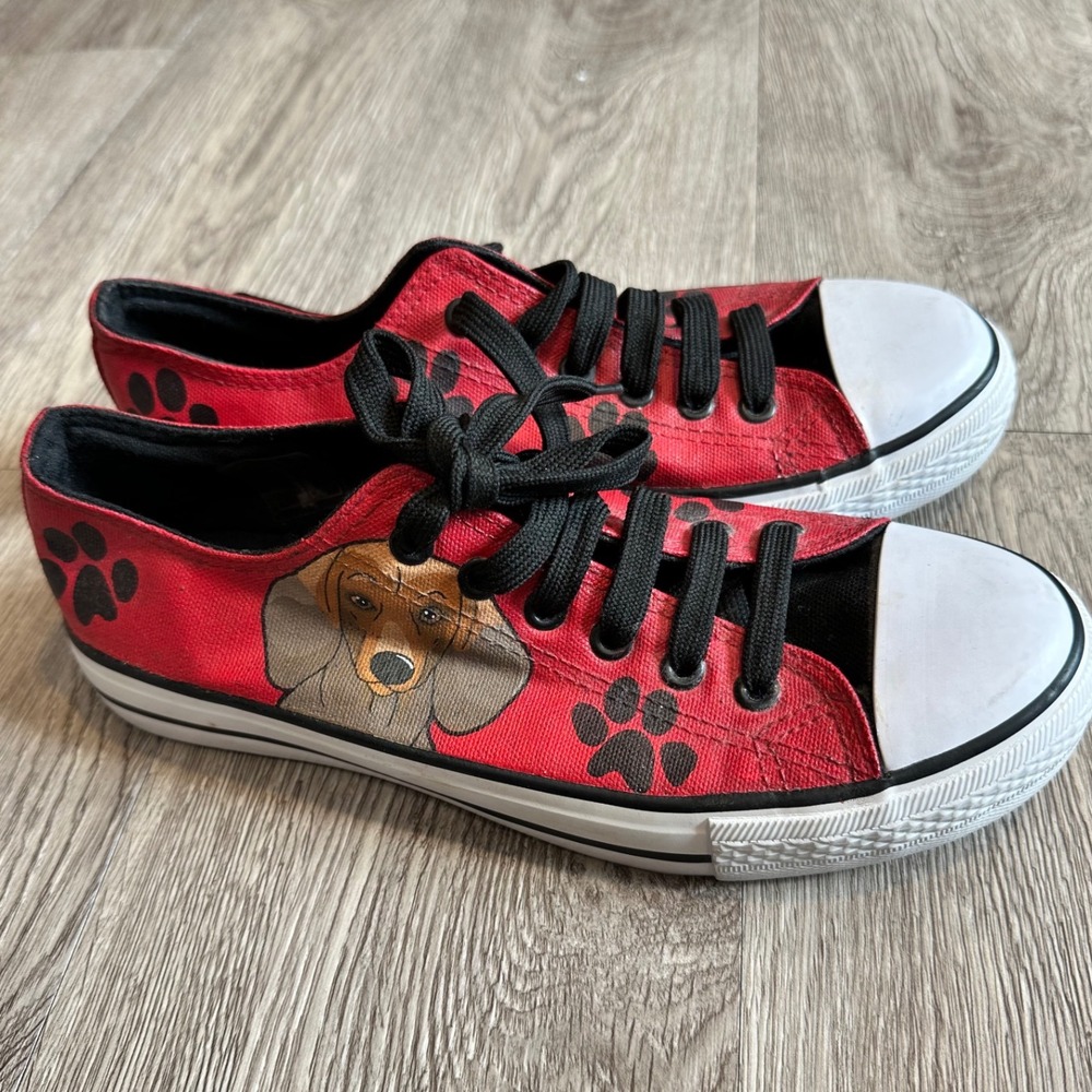 Hand Painted Dachshund Dog Paw‎ Print Red Canvas Sneakers Shoes - 8.5